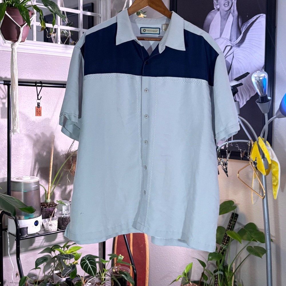 Havanera Short Sleeve Button Up‎ Shirt Colorblock Blue Gray XXL